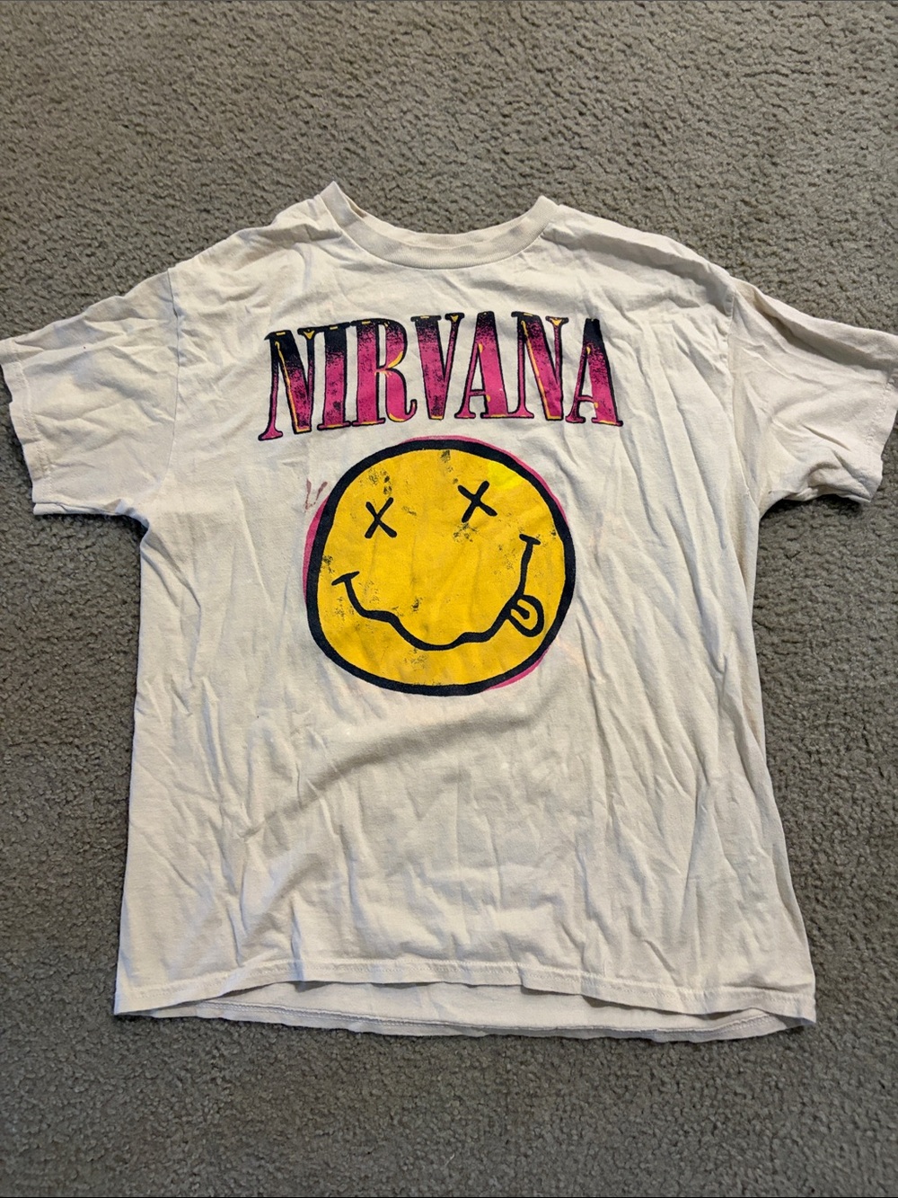 NIRVANA White Tee with Yellow Smiley and Pink Logo